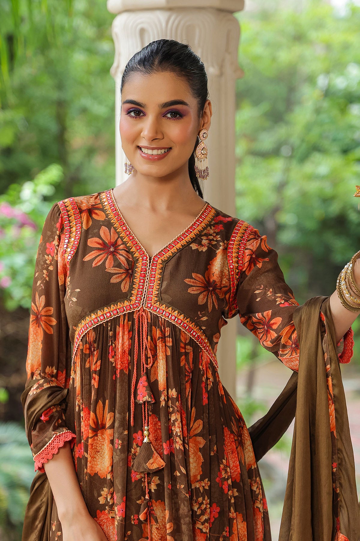 Brown Floral Chinon Printed Anarkali Suit