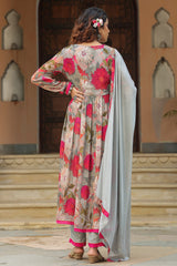 Grey Floral Chinon Mirror Work Naira Suit