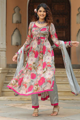 Grey Floral Chinon Mirror Work Naira Suit