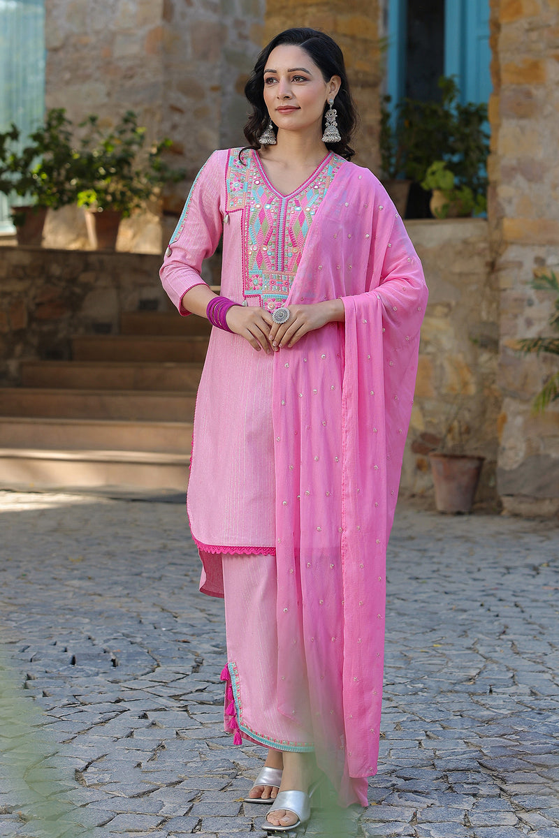 Pink Embroidered Cotton Suit Set