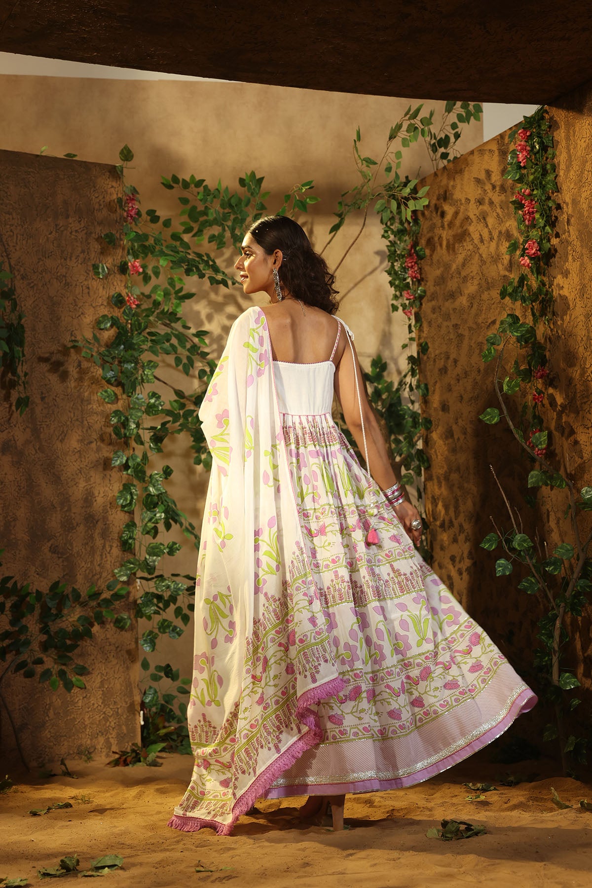 White & Purple Cotton Gown Set