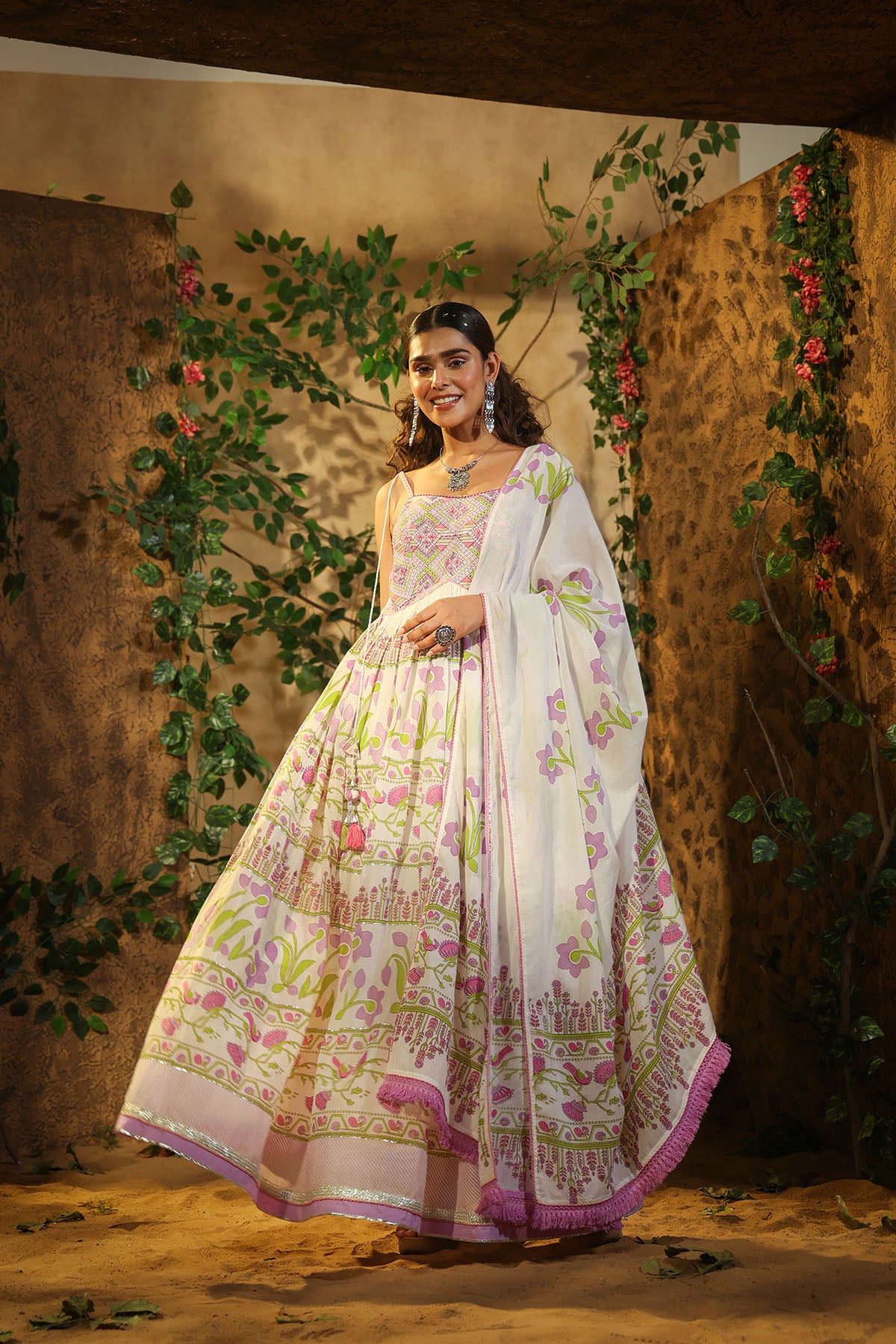White & Purple Cotton Gown Set