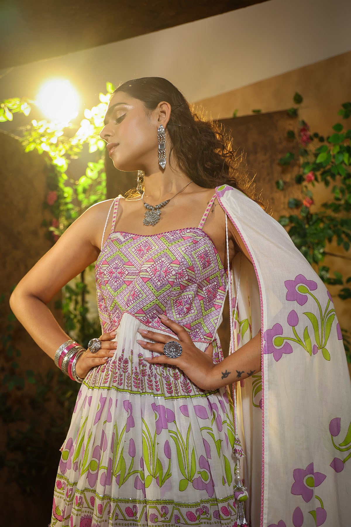 White & Purple Cotton Gown Set