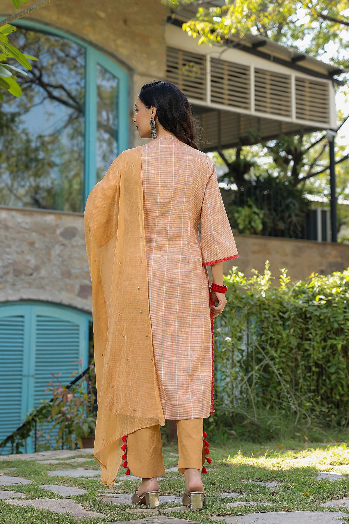 Peach Cotton Embroidered Straight Suit