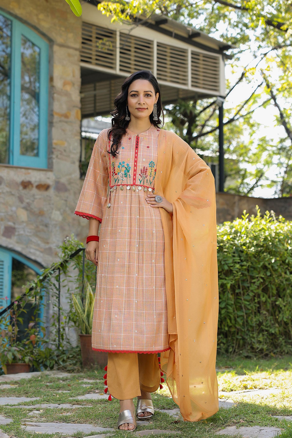 Peach Cotton Embroidered Straight Suit