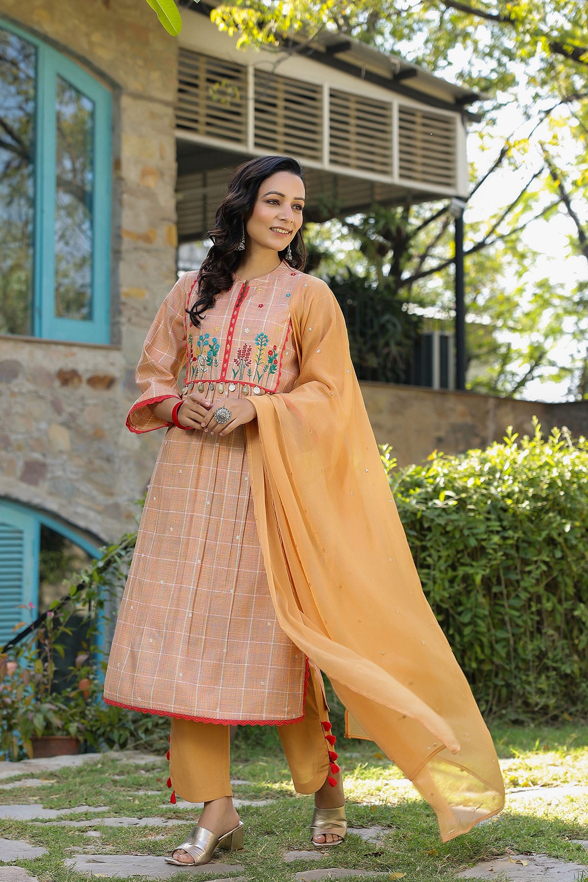 Peach Cotton Embroidered Straight Suit