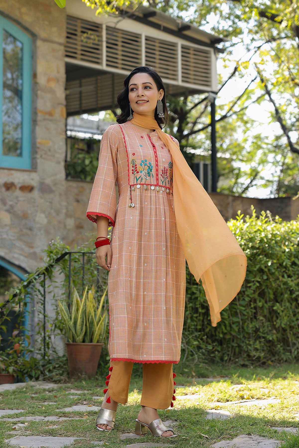 Peach Cotton Embroidered Straight Suit