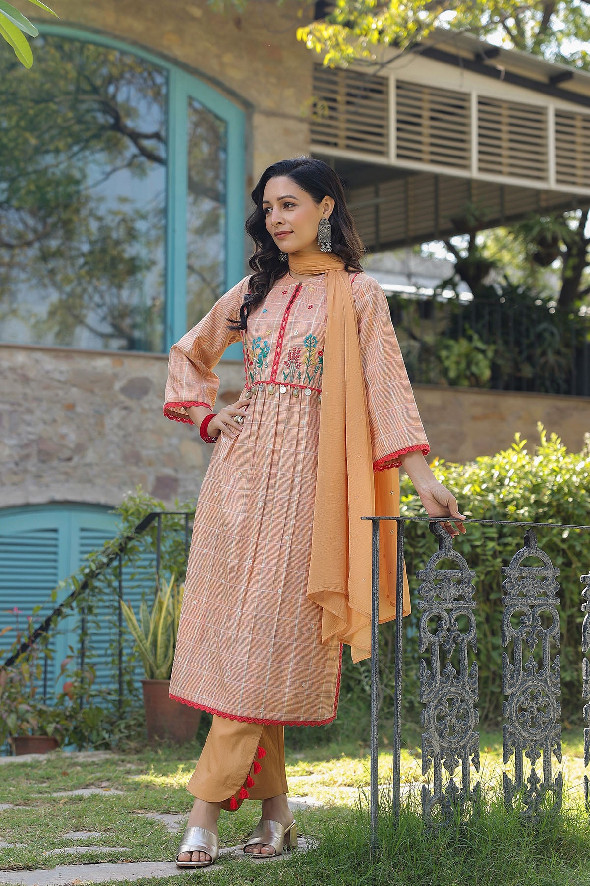Peach Cotton Embroidered Straight Suit
