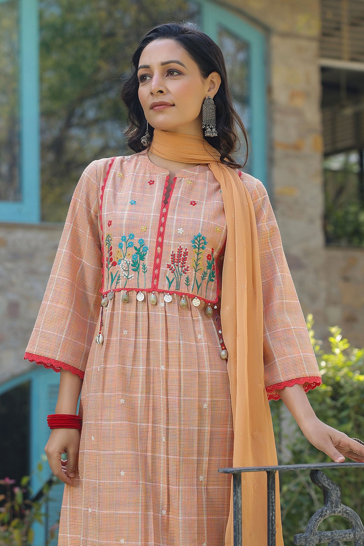 Peach Cotton Embroidered Straight Suit