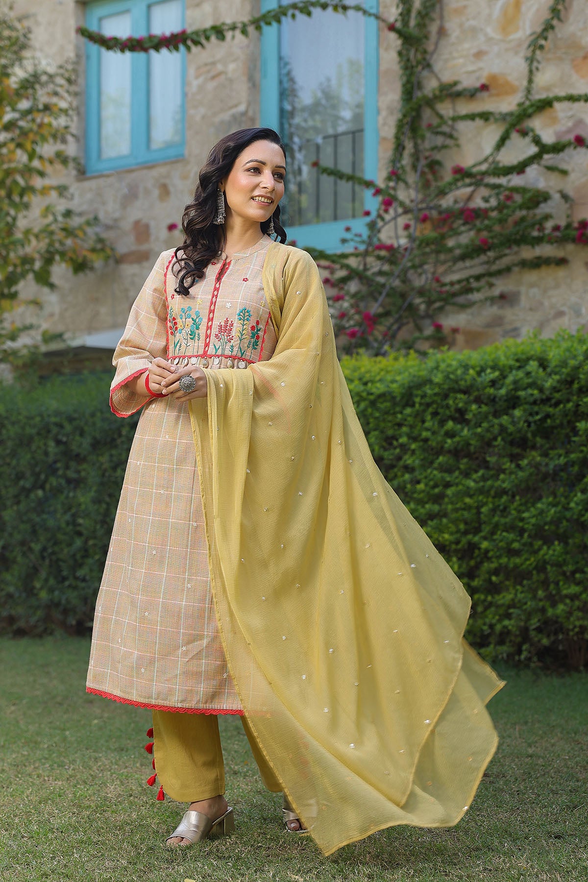 Lemon Yellow Cotton Embroidered Straight-Cut Suit