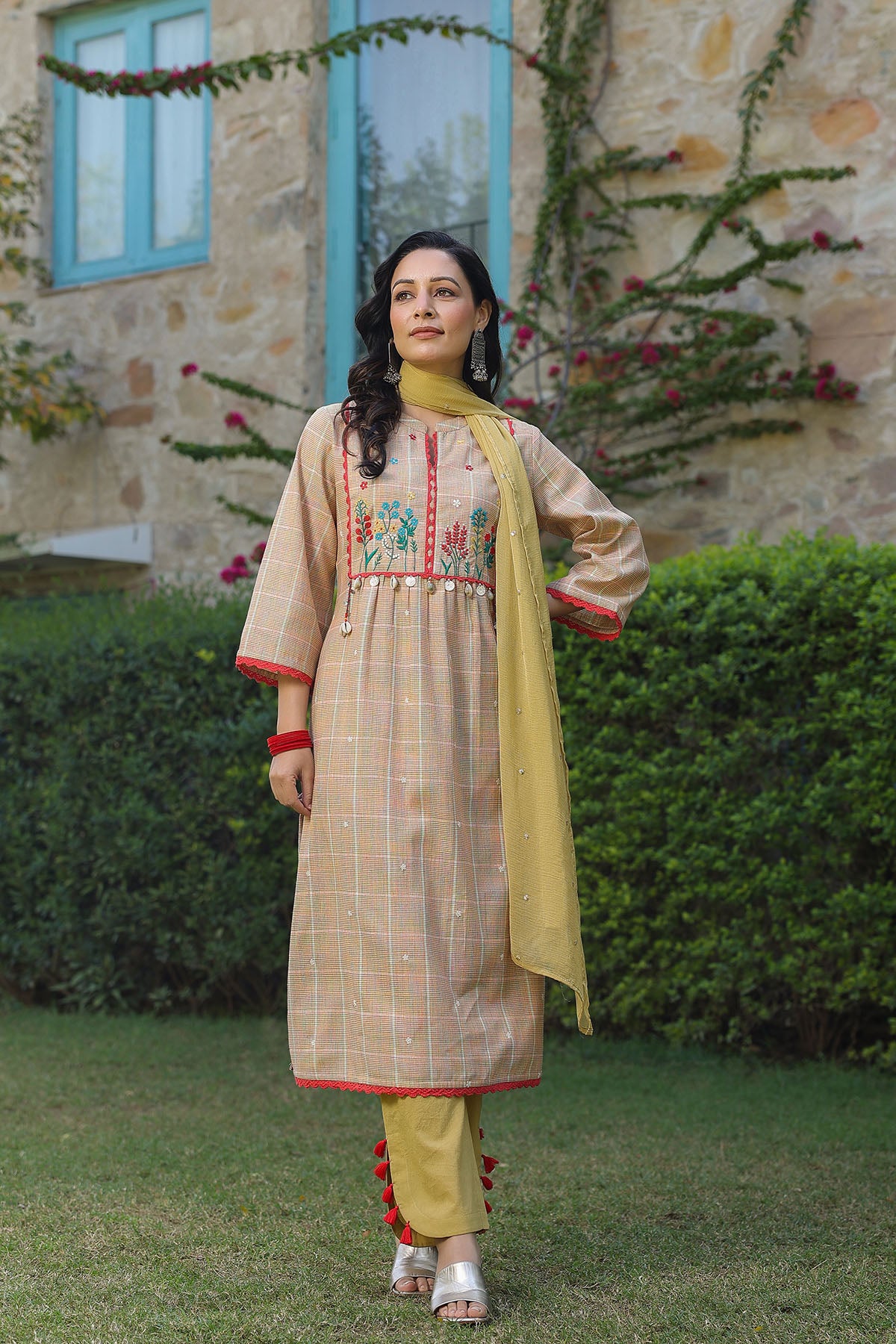 Lemon Yellow Cotton Embroidered Straight-Cut Suit