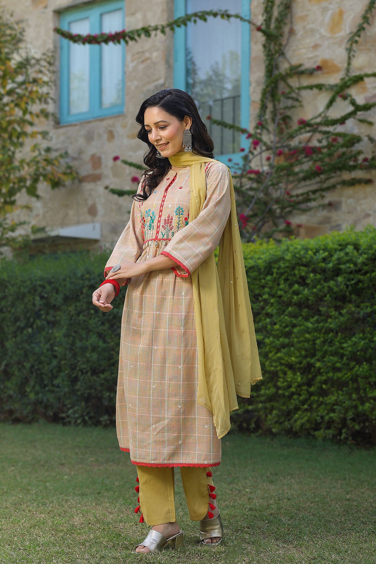 Lemon Yellow Cotton Embroidered Straight-Cut Suit