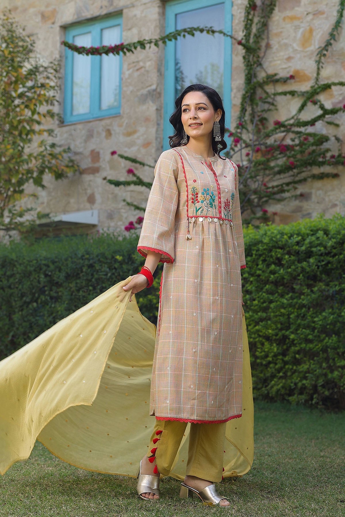 Lemon Yellow Cotton Embroidered Straight-Cut Suit