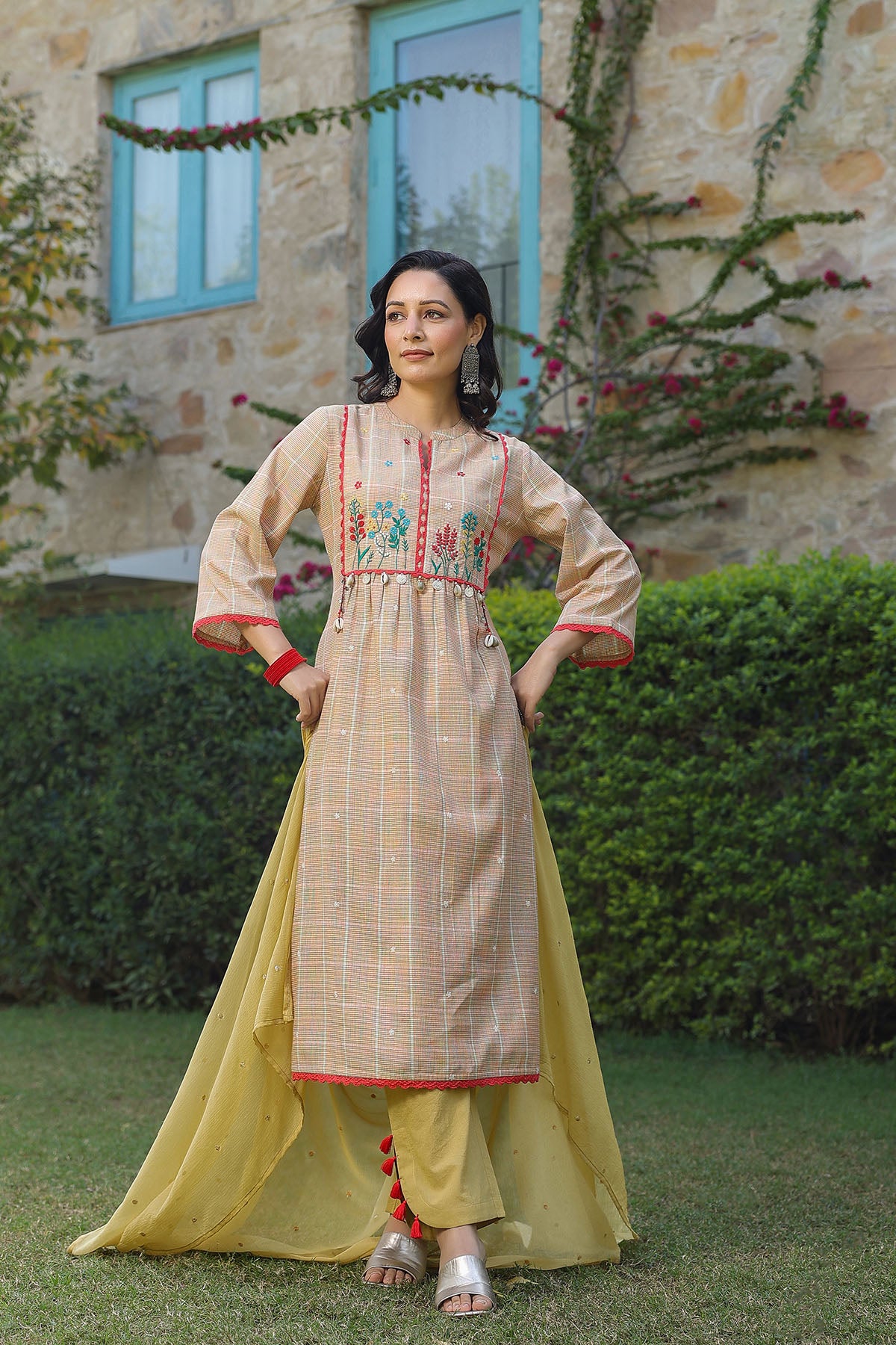 Lemon Yellow Cotton Embroidered Straight-Cut Suit