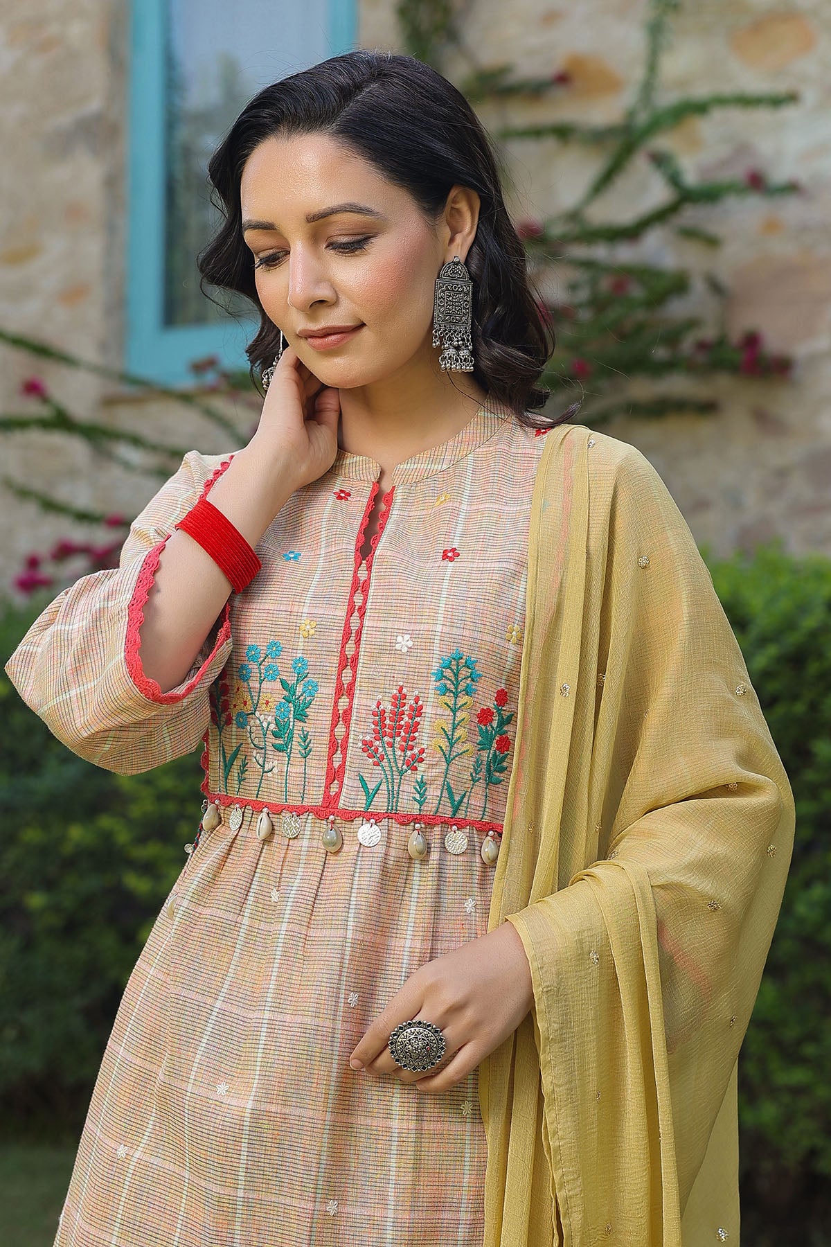 Lemon Yellow Cotton Embroidered Straight-Cut Suit