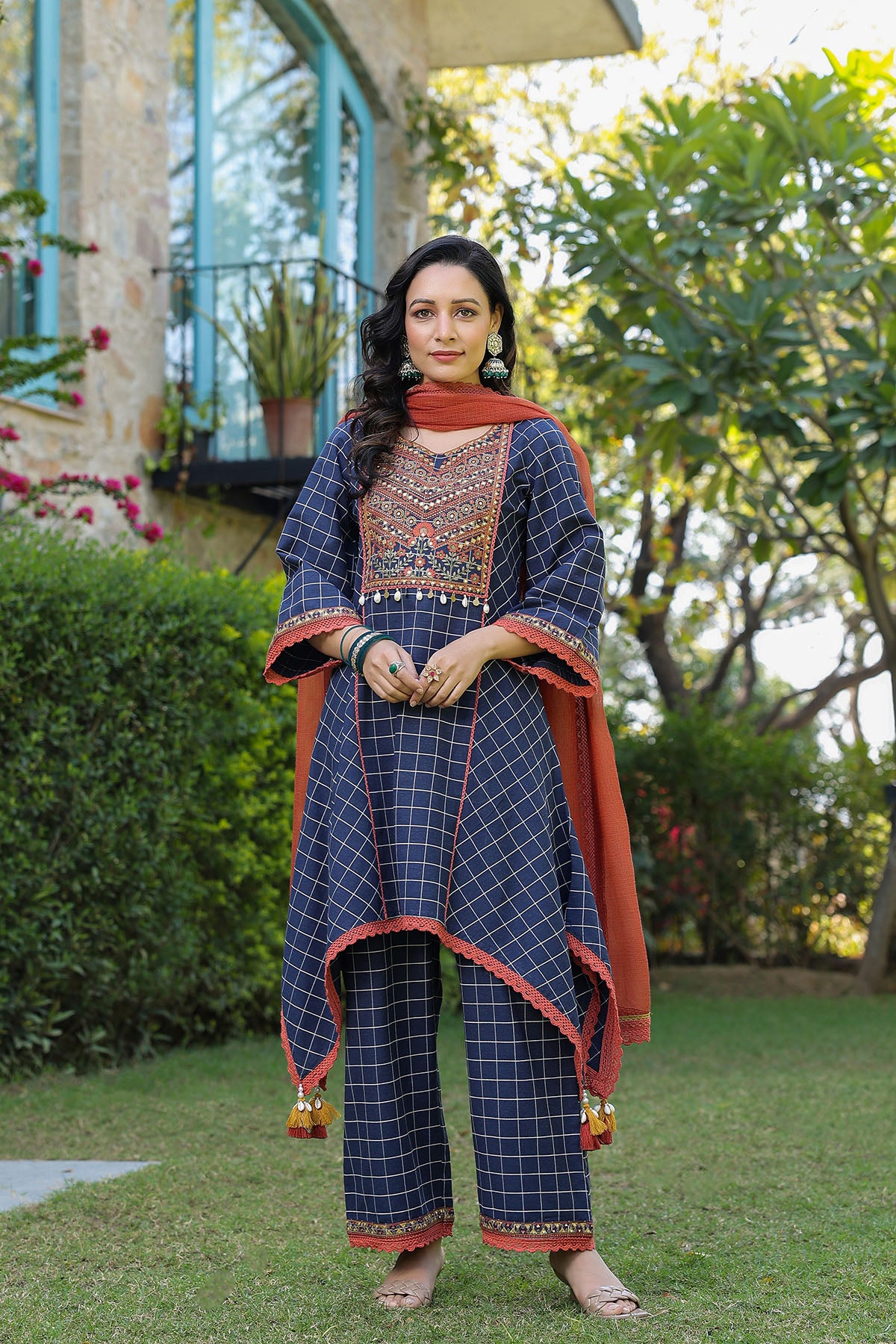 Blue Cotton Embroidered A Line Suit Set