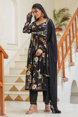 Black floral chinon mirror work naira suit set