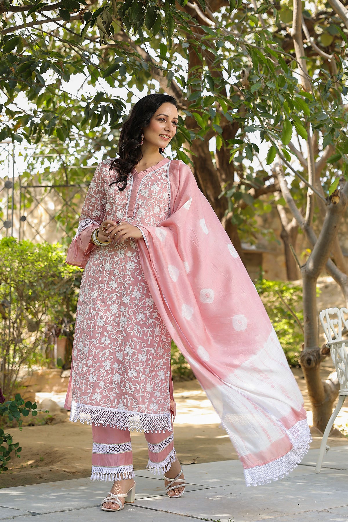 Pink Chanderi Embroidered Straight-Cut Suit