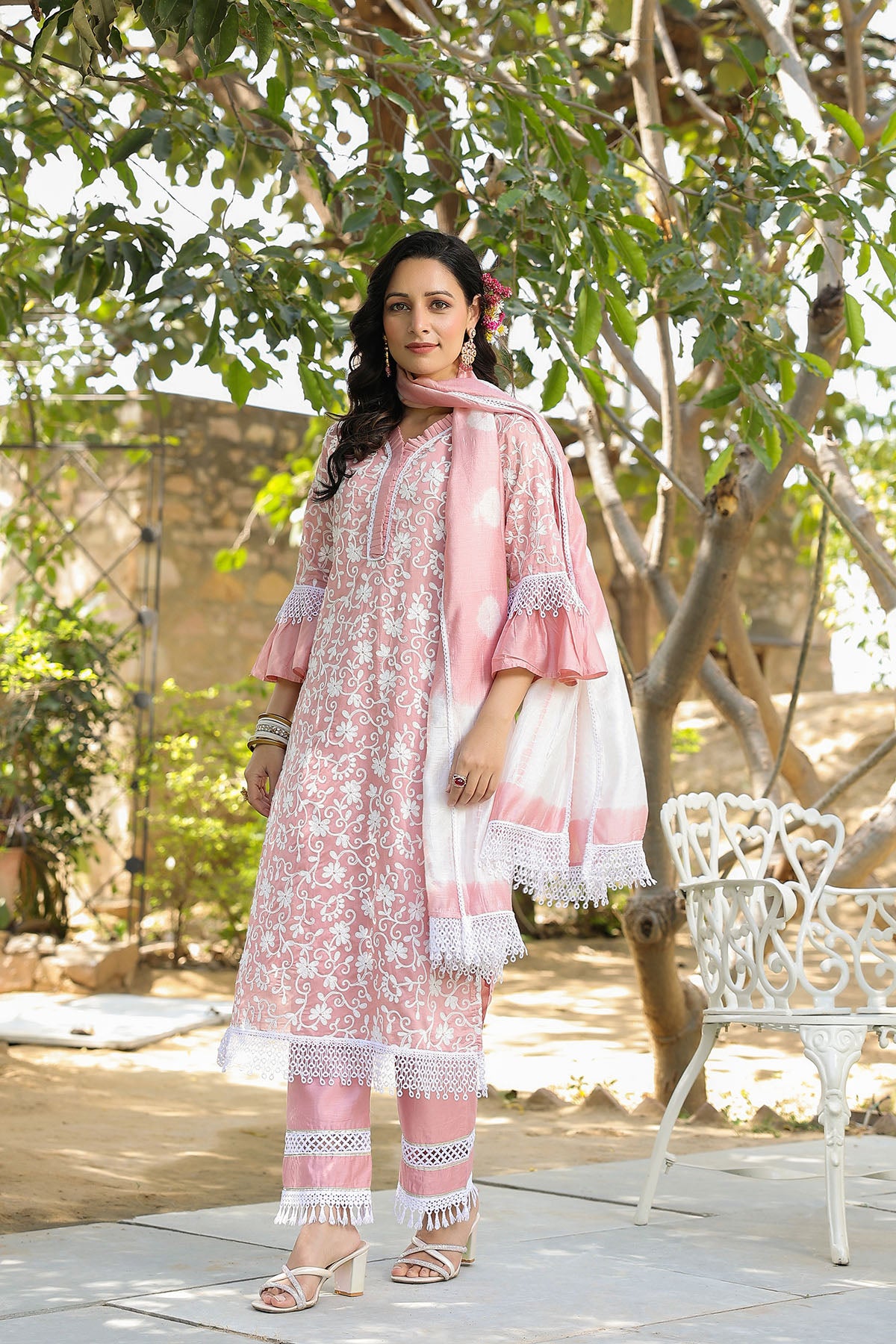 Pink Chanderi Embroidered Straight-Cut Suit