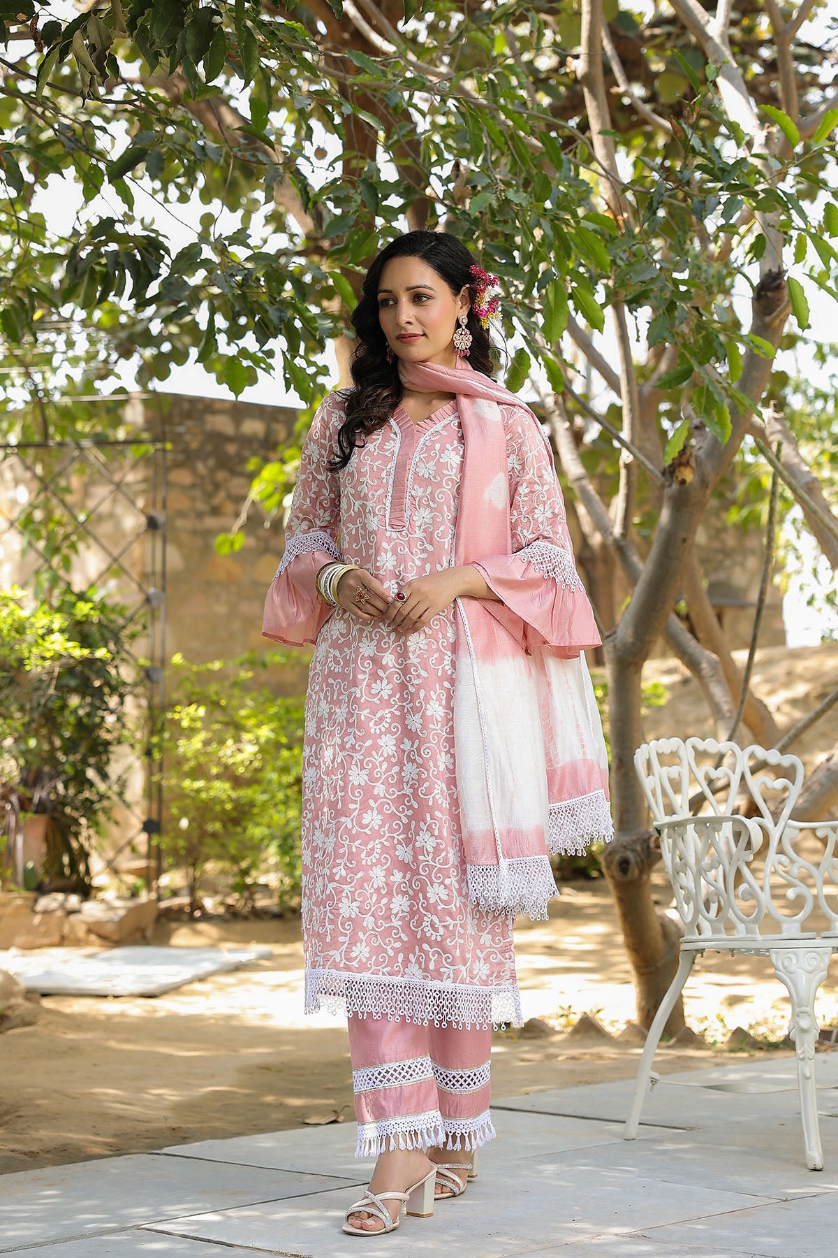 Pink Chanderi Embroidered Straight-Cut Suit
