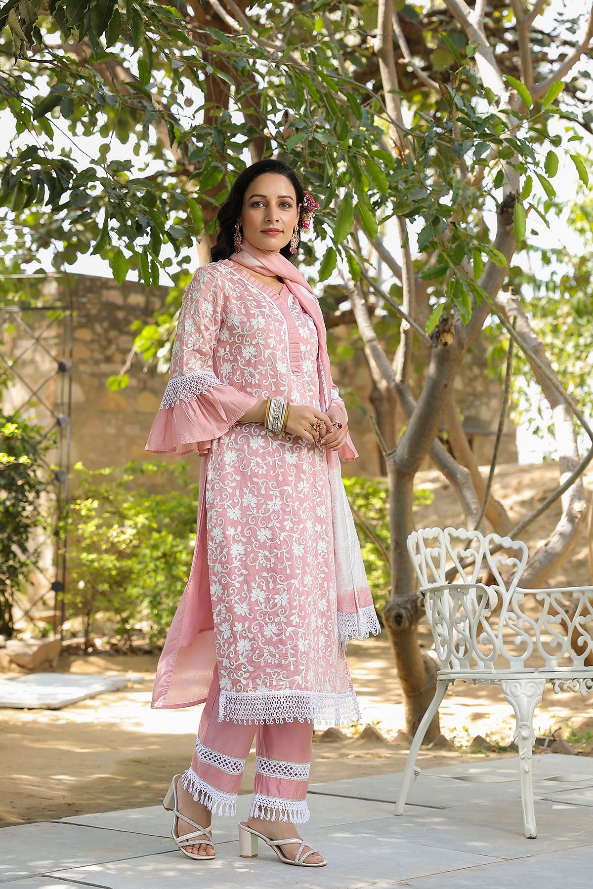 Pink Chanderi Embroidered Straight-Cut Suit