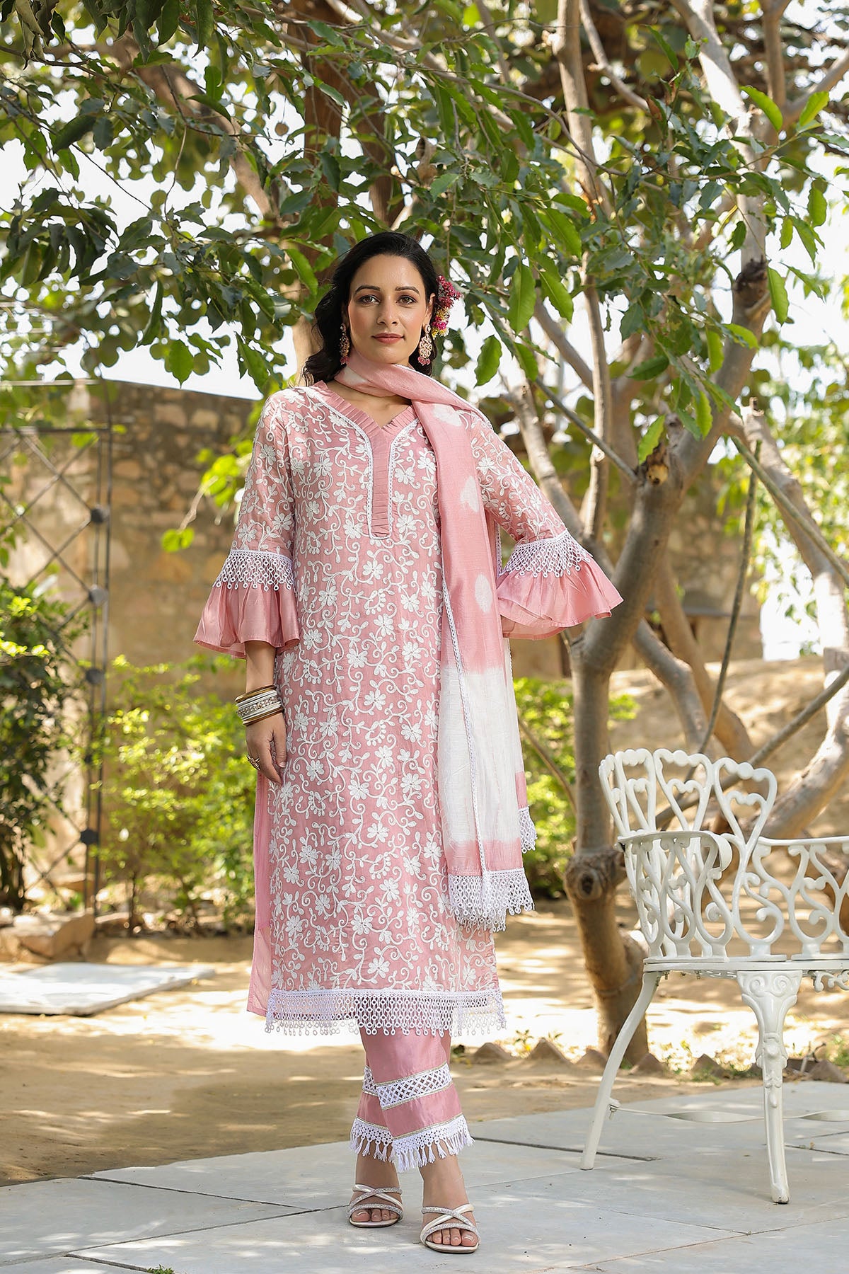 Pink Chanderi Embroidered Straight-Cut Suit