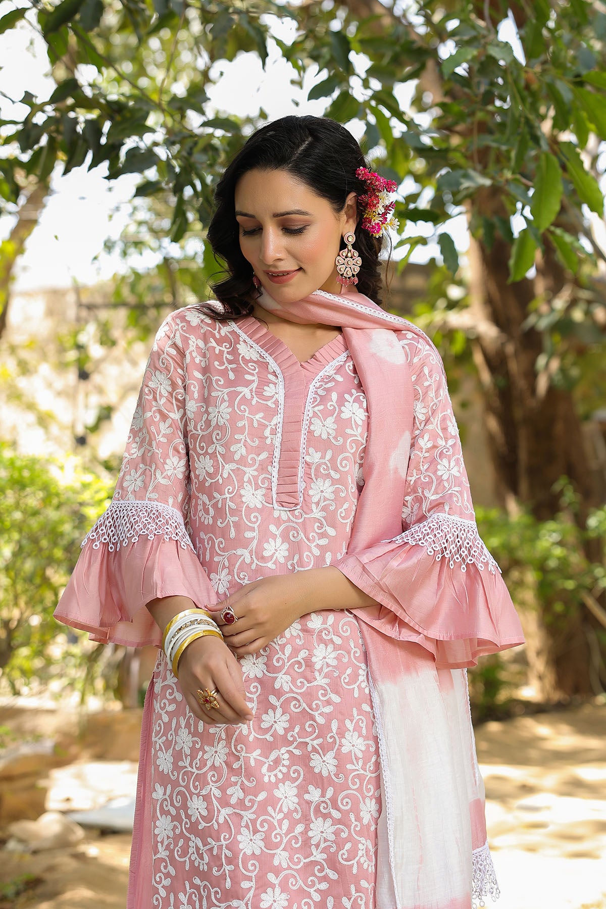 Pink Chanderi Embroidered Straight-Cut Suit
