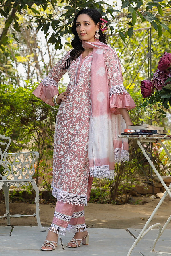 Rose Peach Embroidered Chanderi Suit Set