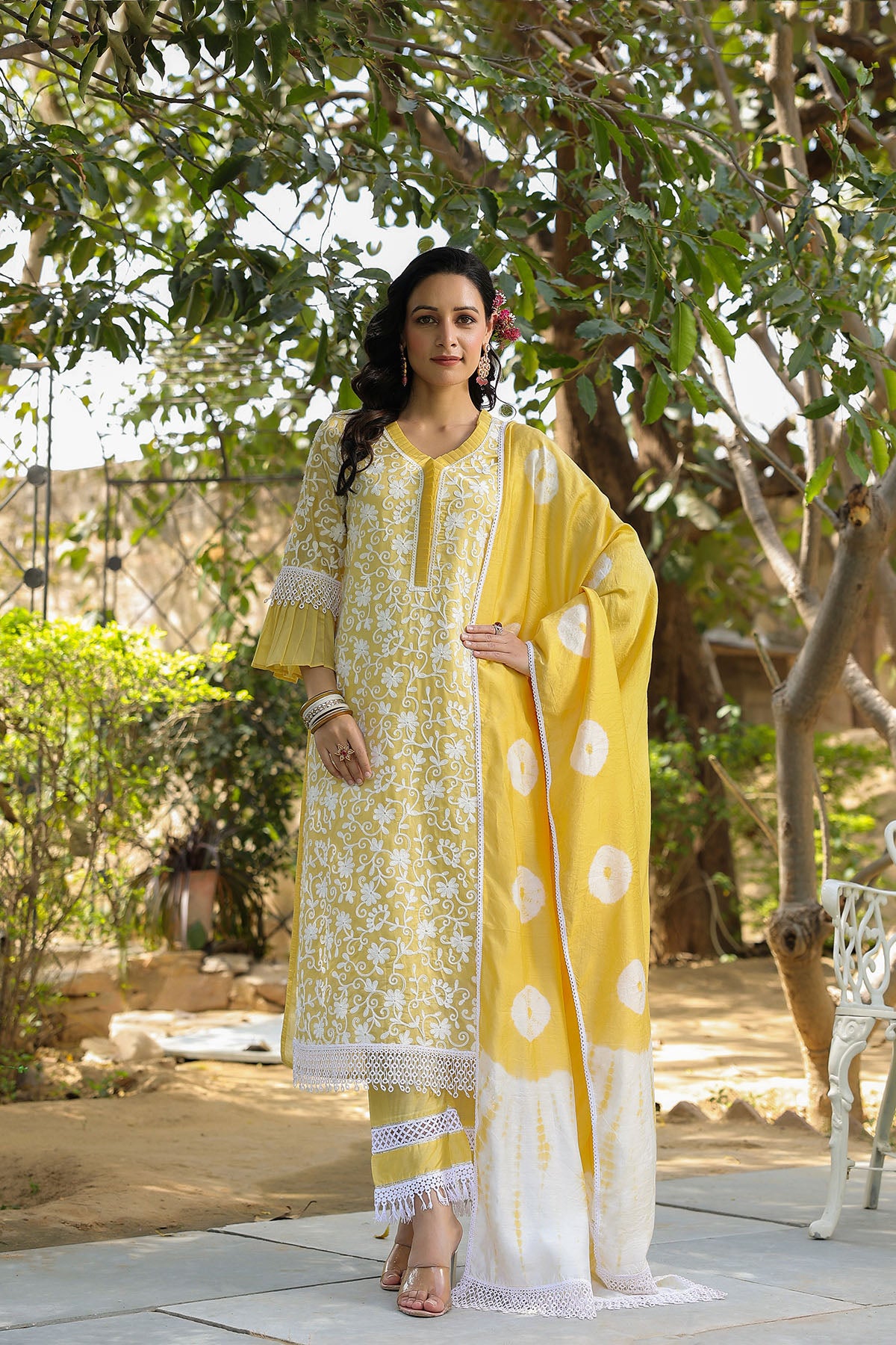 Yellow Chanderi Embroidered Straight-Cut Suit
