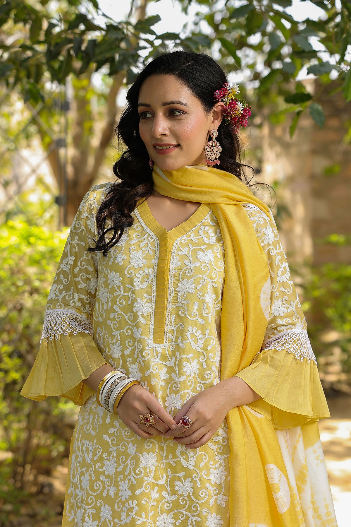 Yellow Chanderi Embroidered Straight-Cut Suit