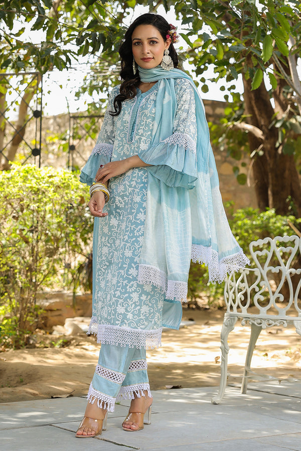 Turquoise Embroidered Chanderi Suit Set