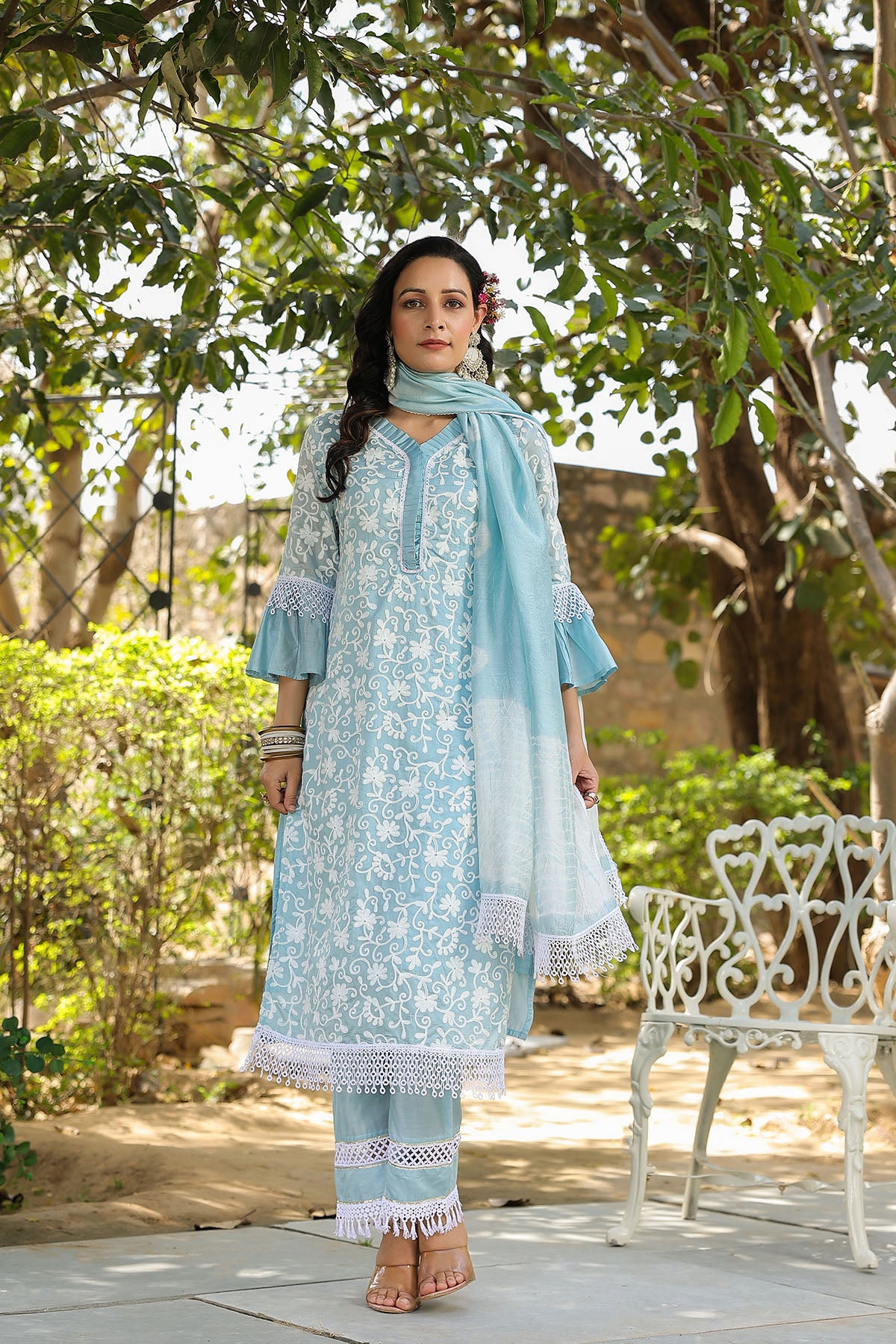 Sky Blue Chanderi Embroidered Straight-Cut Suit