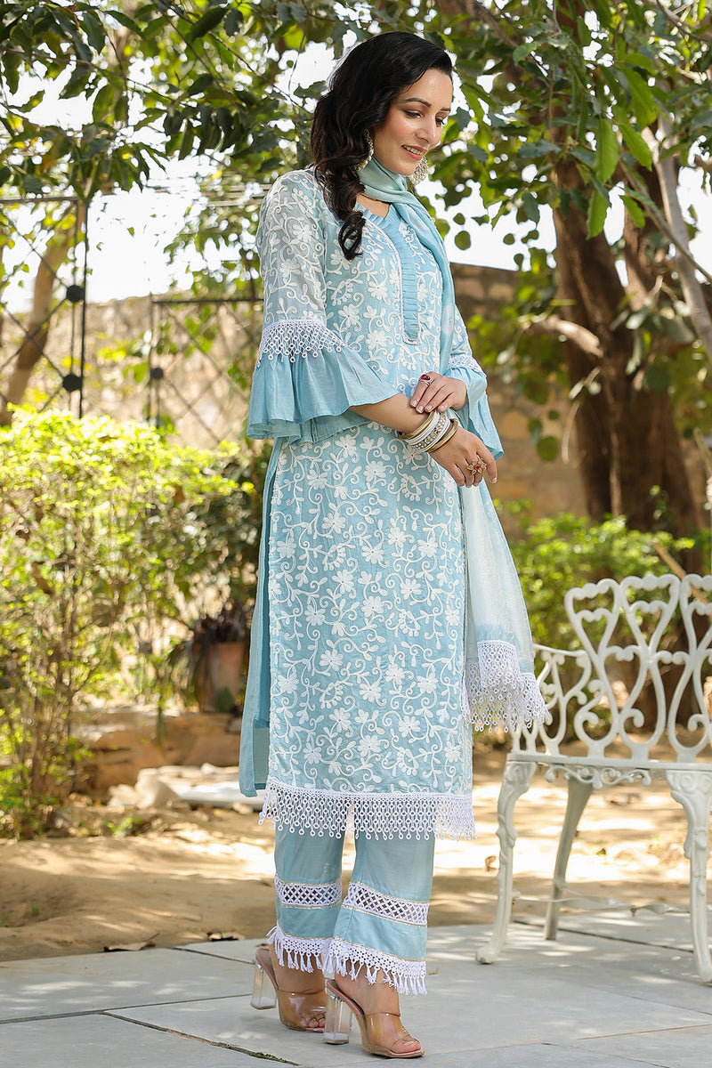 Turquoise Embroidered Chanderi Suit Set
