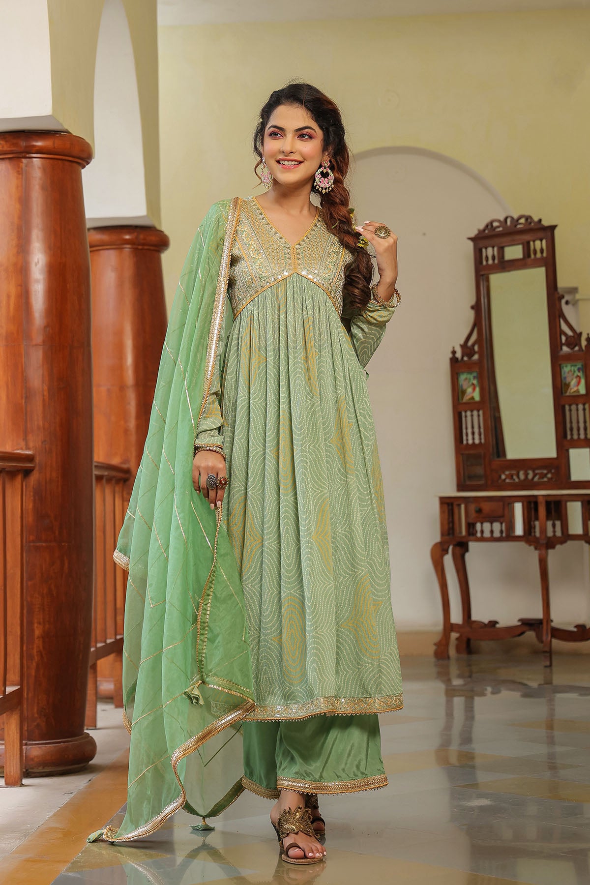 Green Georgette Embroidered Suit