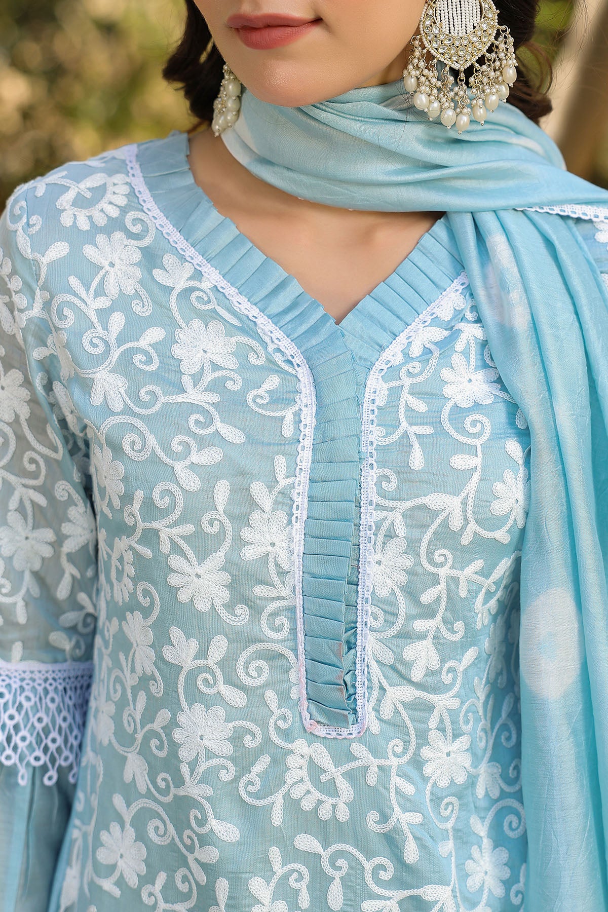 Sky Blue Chanderi Embroidered Straight-Cut Suit