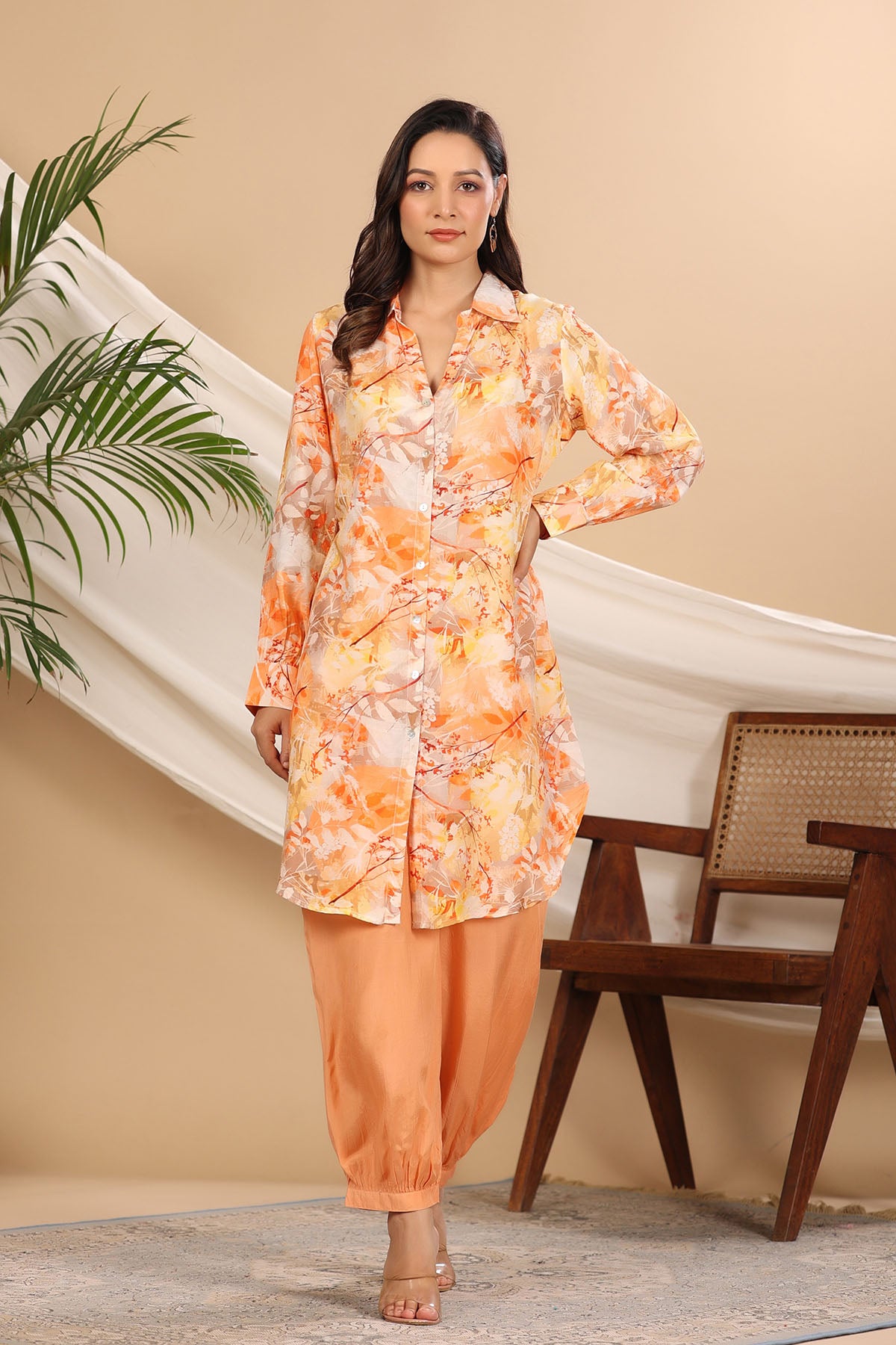 Orange Floral Muslin Printed Co-ord Set