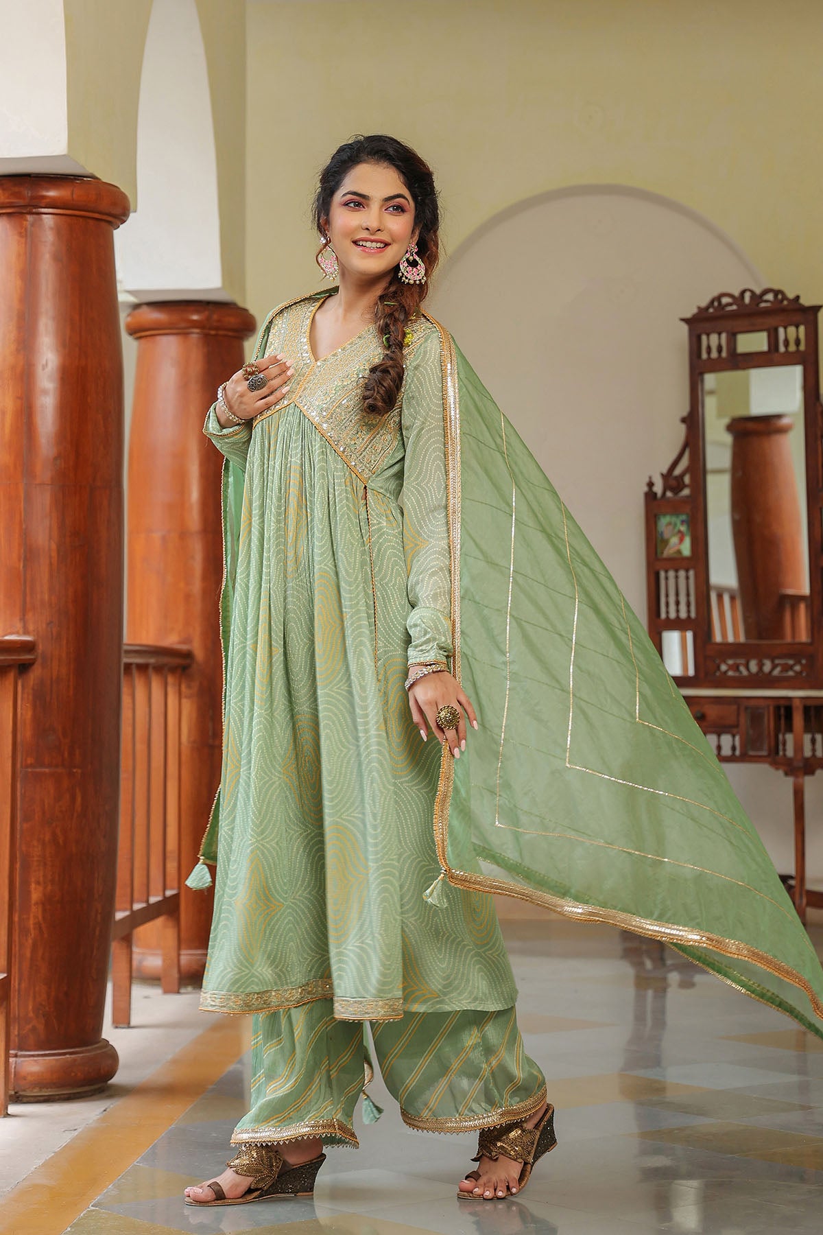 Green Georgette Embroidered Suit