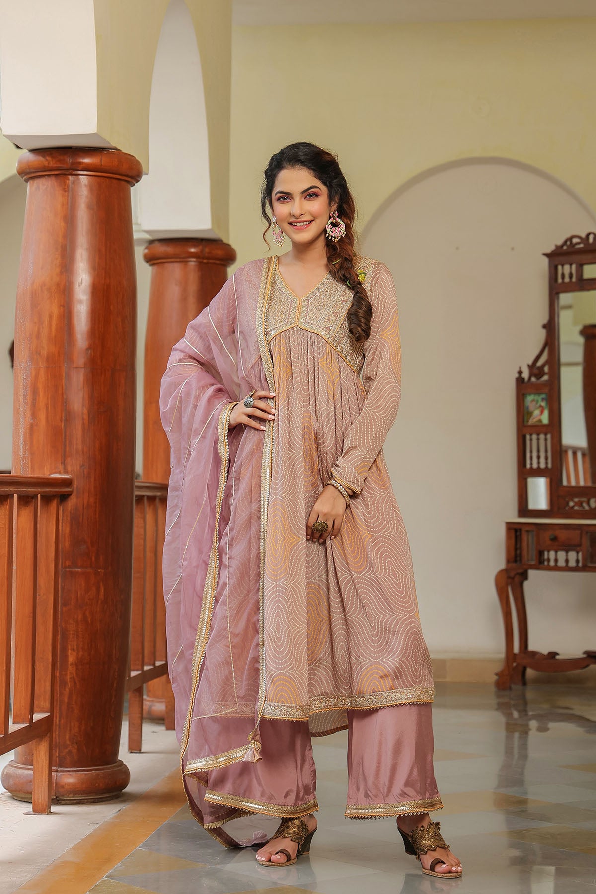 Brown Georgette Embroidered Suit