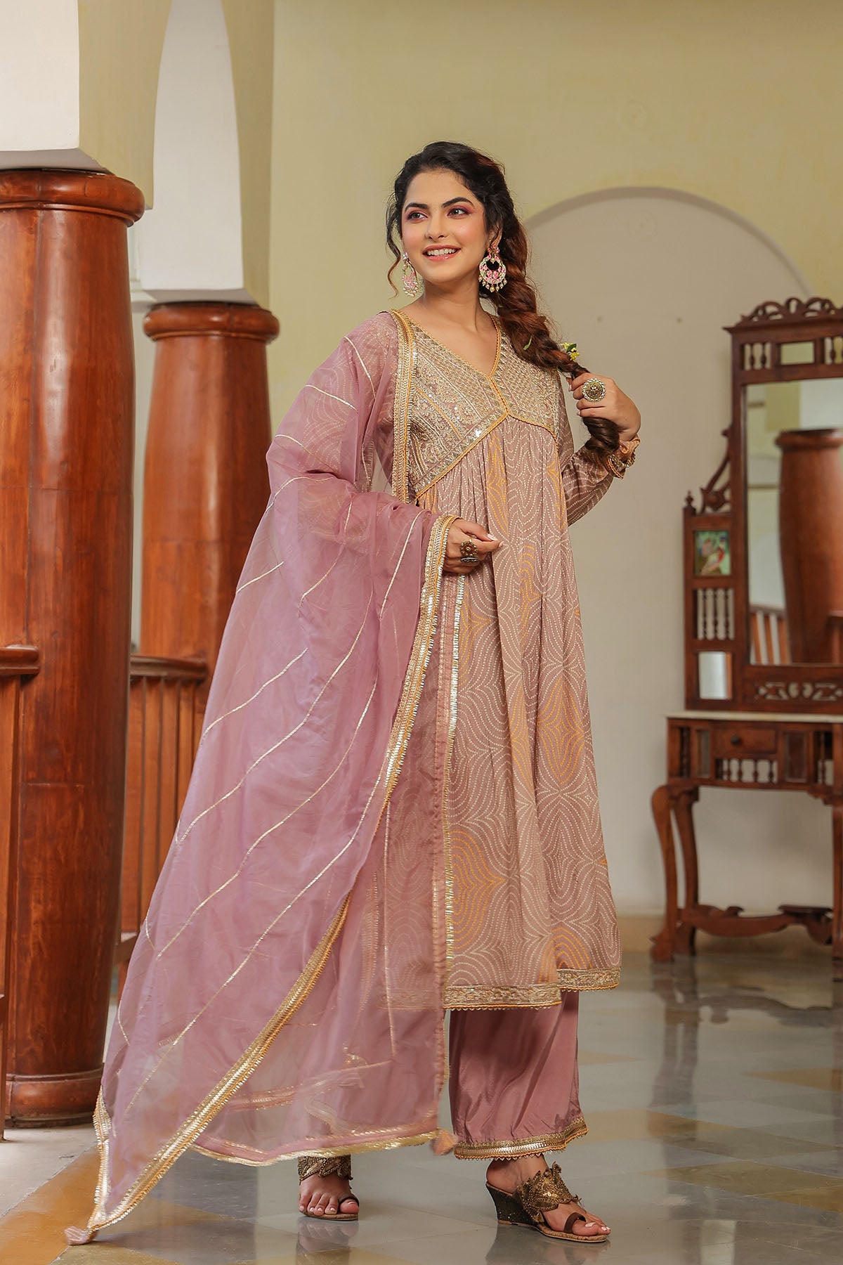 Brown Georgette Embroidered Suit