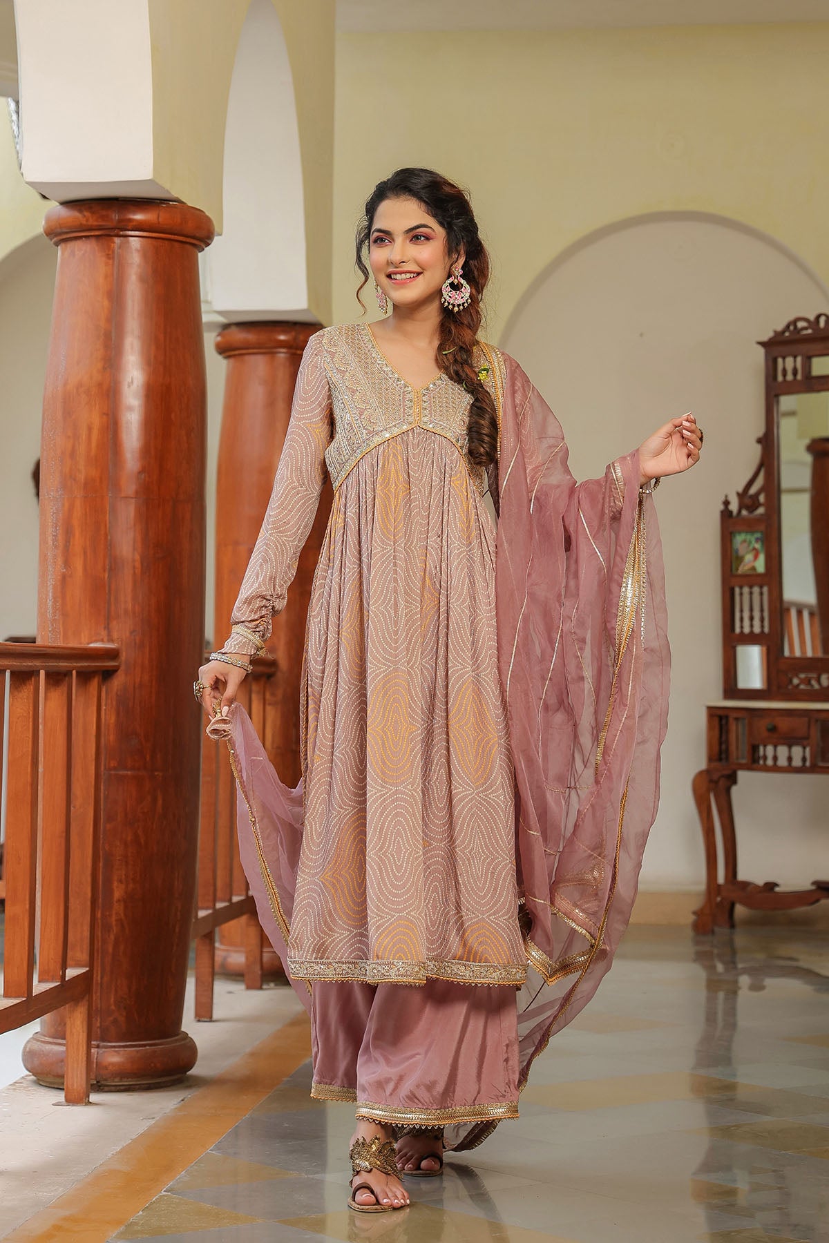 Brown Georgette Embroidered Suit