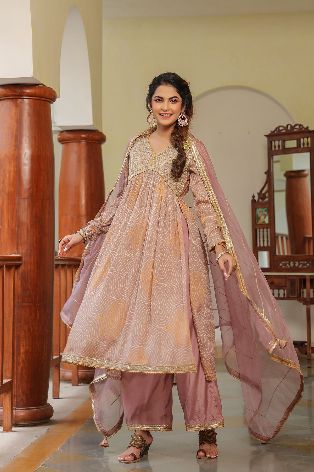 Brown Georgette Embroidered Suit