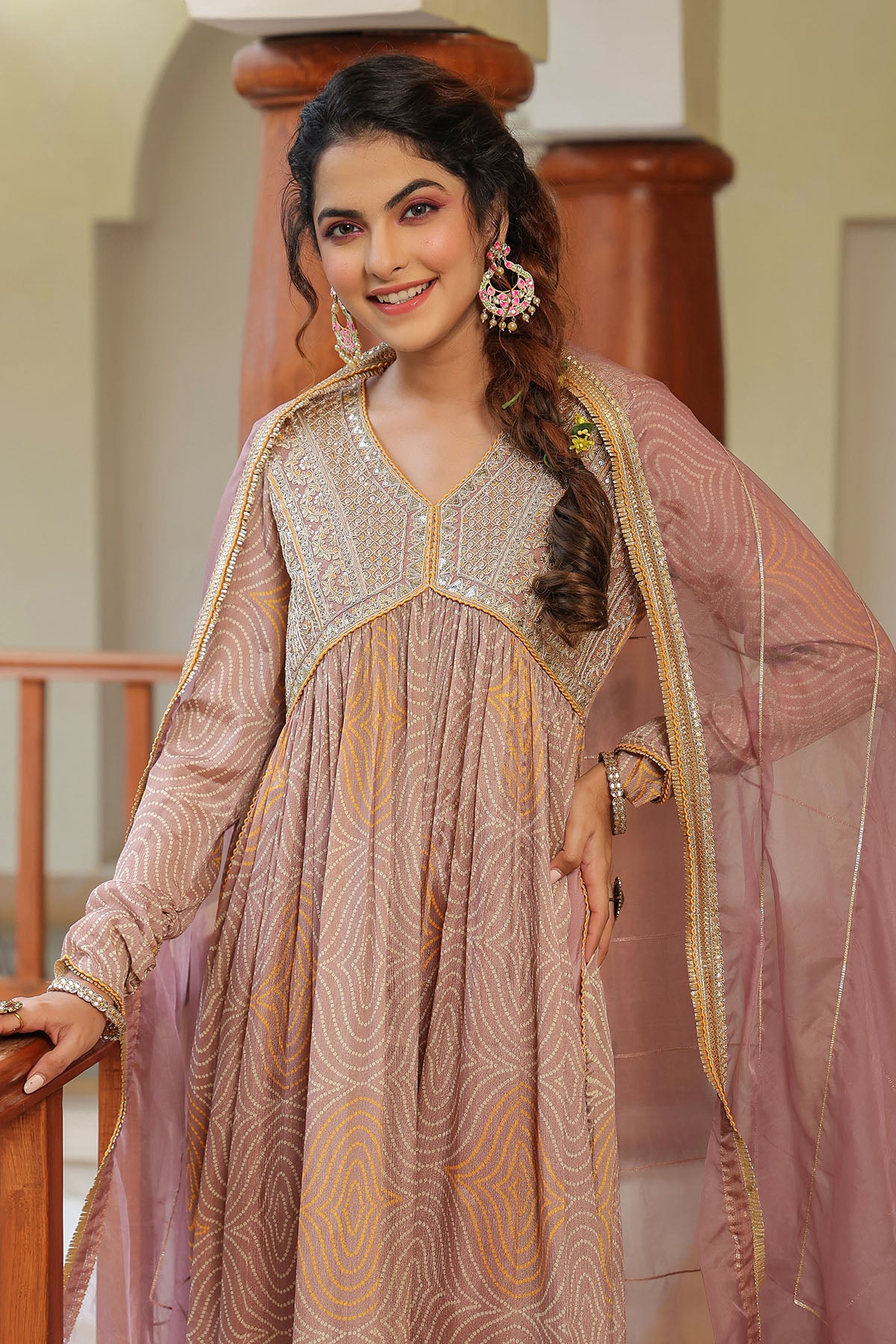 Brown Georgette Embroidered Suit