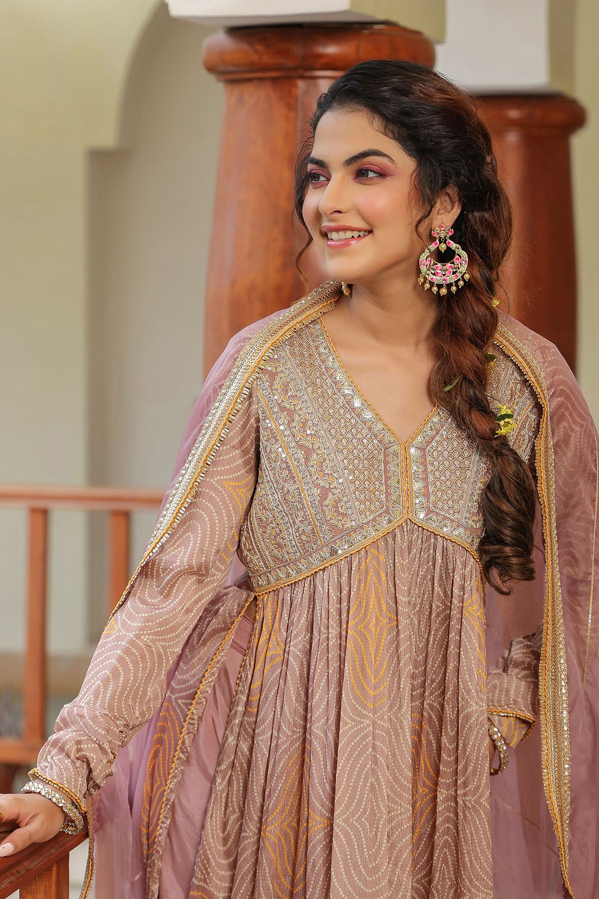 Brown Georgette Embroidered Suit