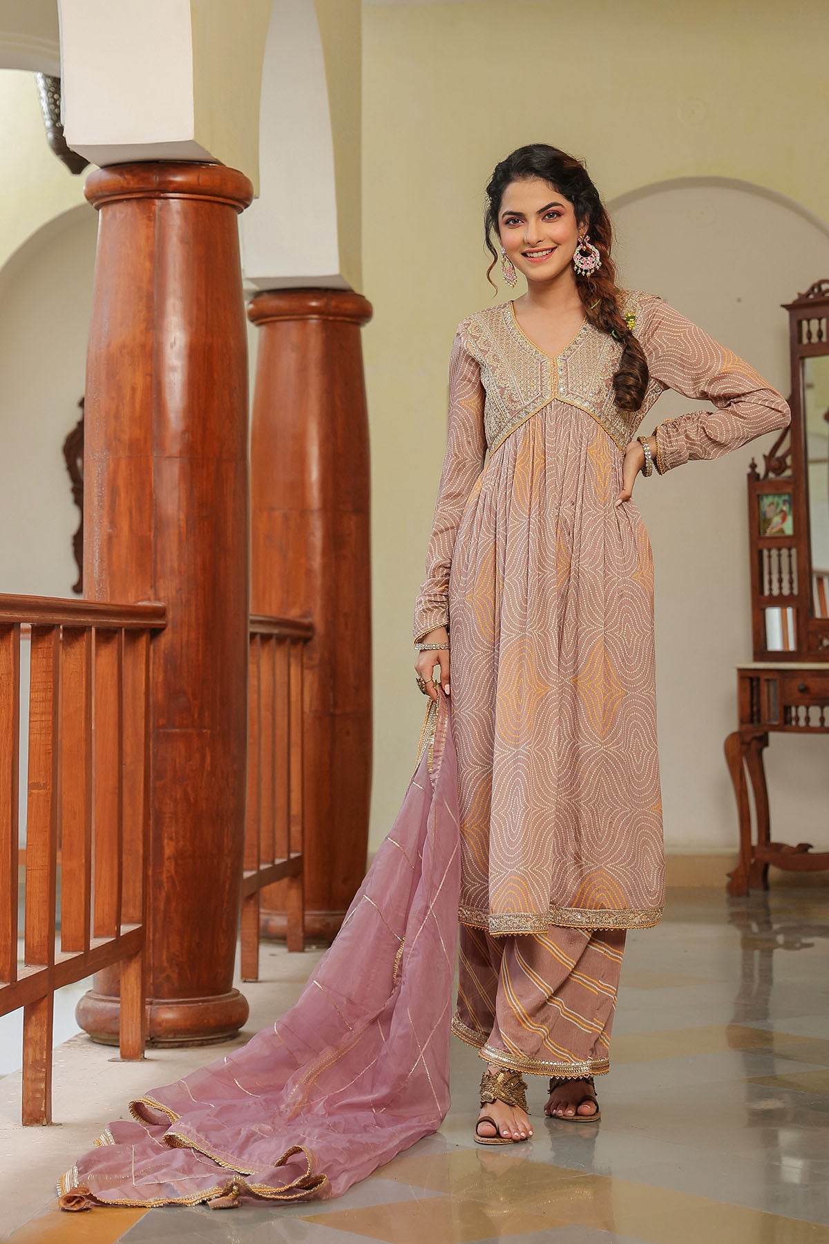 Brown Georgette Embroidered Suit