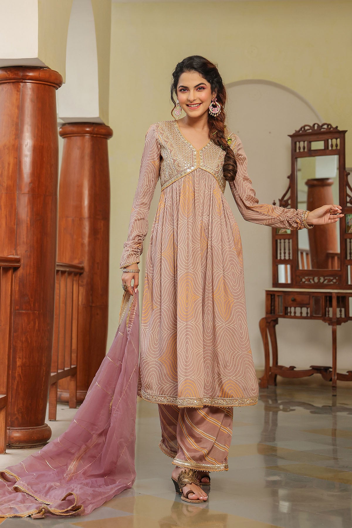 Brown Georgette Embroidered Suit