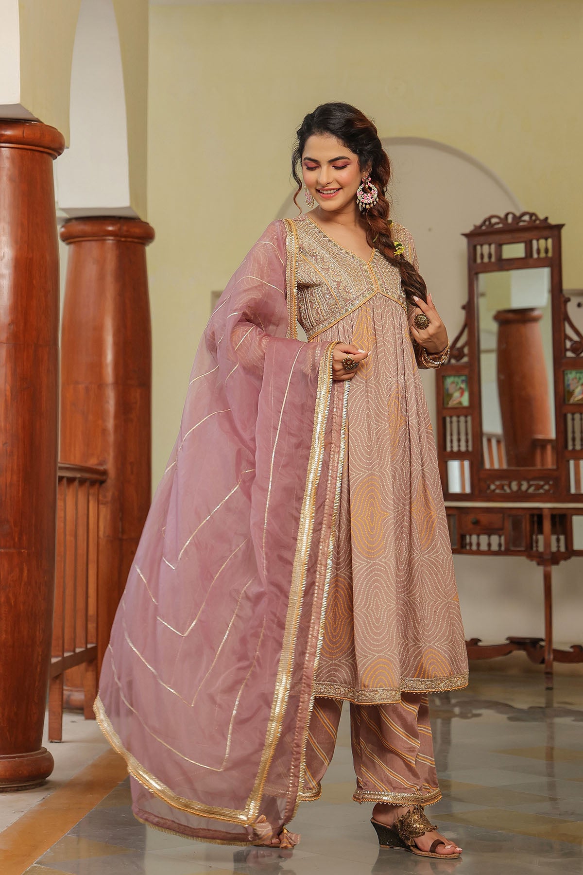 Brown Georgette Embroidered Suit