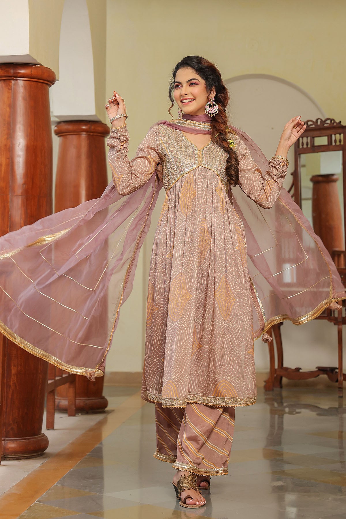 Brown Georgette Embroidered Suit