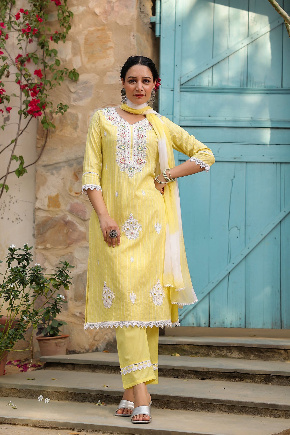 Yellow Cotton Handwork Straight Suit