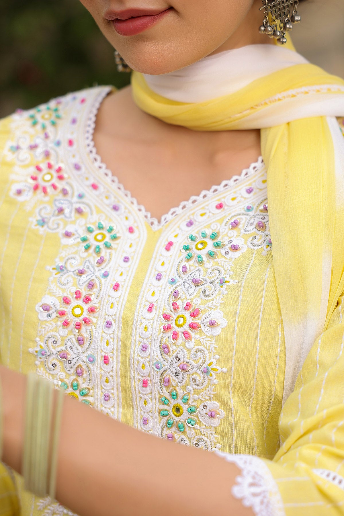 Yellow Cotton Handwork Straight Suit