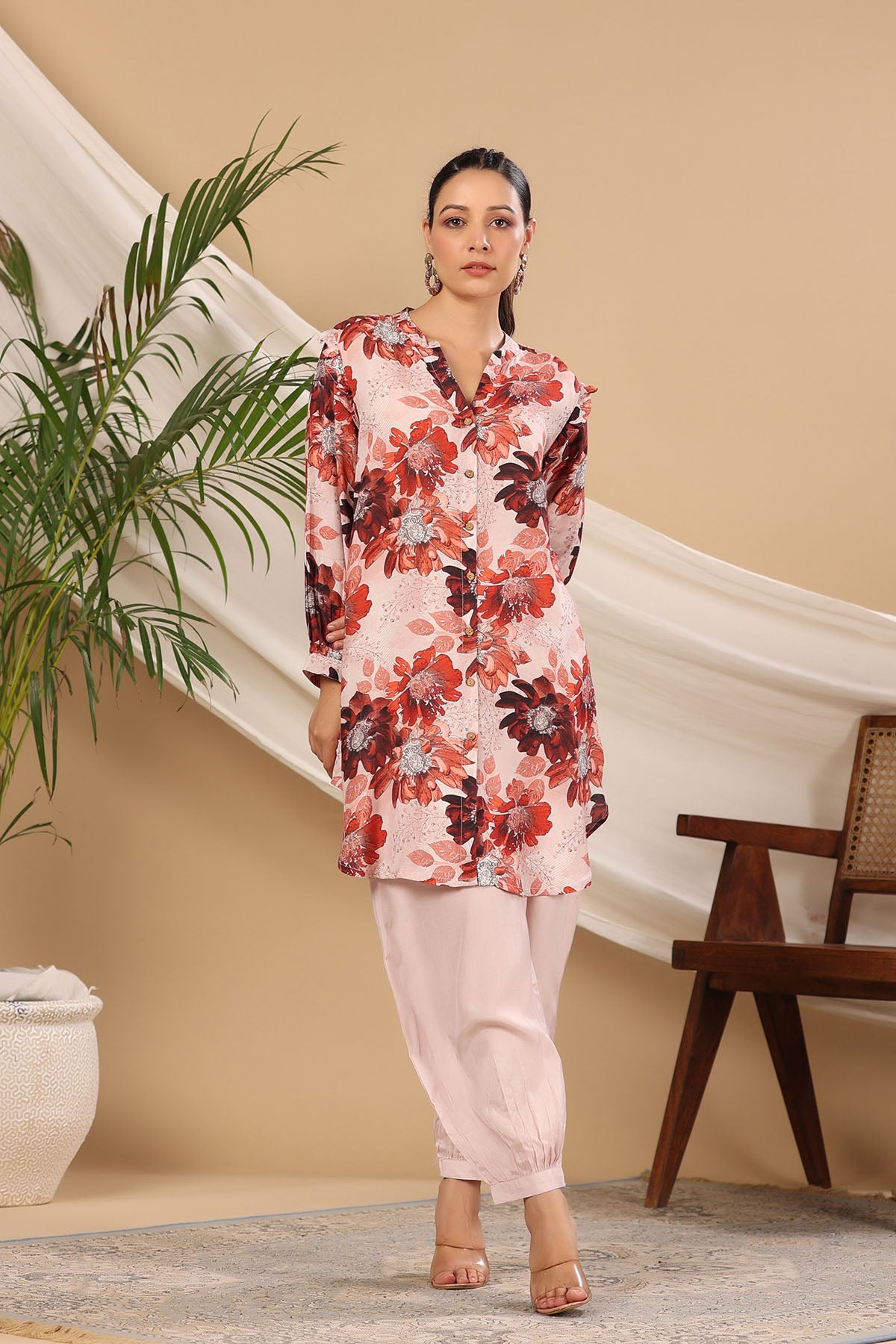 Brown Multicolor Muslin Printed Co-ord Set